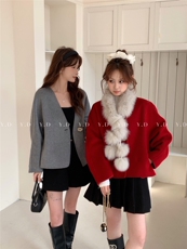 【依嘟】狐狸毛领红色小个子冬新款韩系百搭羊毛外套(配毛领狐狸，女装双面呢大衣，依嘟服饰