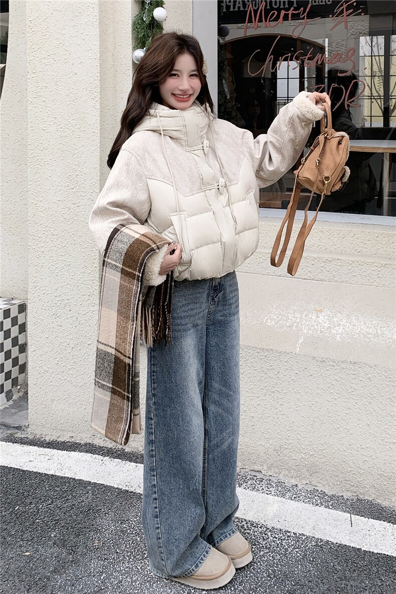 毛呢拼接羽绒服女冬季2025新款连帽保暖夹棉好看短外套,女装羽绒服,2C218