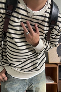 秋季重磅300g假两件条纹亨利领男宽松长袖卫衣W24548-特P45控88图片