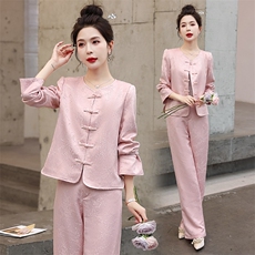 新中式国风套装女2024春秋新款禅意茶服复古盘扣唐装阔腿裤两件套，女装套装/套裙，韩美纤衣