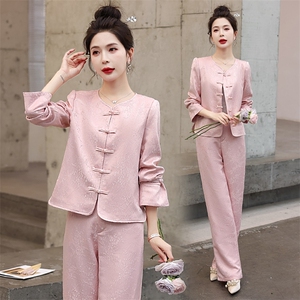 新中式国风套装女2024春秋新款禅意茶服复古盘扣唐装阔腿裤两件套图片