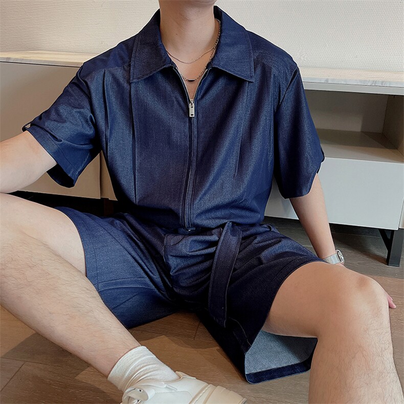 夏季网红时尚天丝牛仔中袖衬衫男套装时尚短裤两件套潮TZ262-P135图片