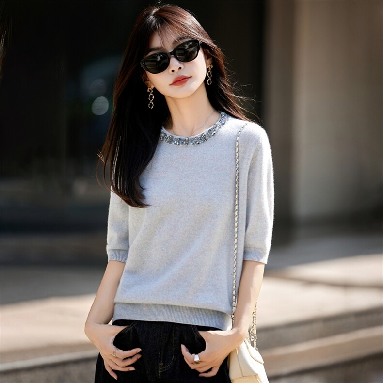 重工钉珠镶钻纯羊毛半袖针织衫女2025新款法式高级感打底半袖毛衣，女装针织衫/毛衣，暖烁羊绒