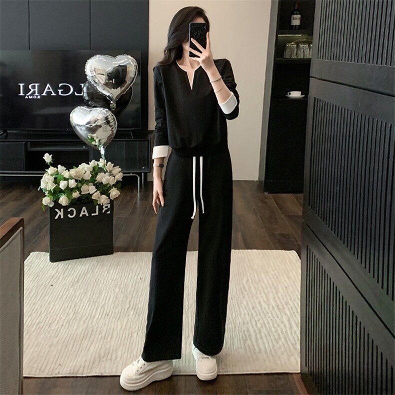 韩系潮流时尚休闲套装女春高级感气质拼接V领卫衣阔腿裤两件套潮，女装套装/套裙，江南