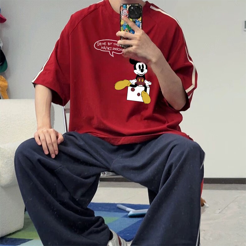 抖音得物高品质二开240克宽松纯棉美式潮牌三条杠织带短袖T恤,男装T恤,电商A486-1