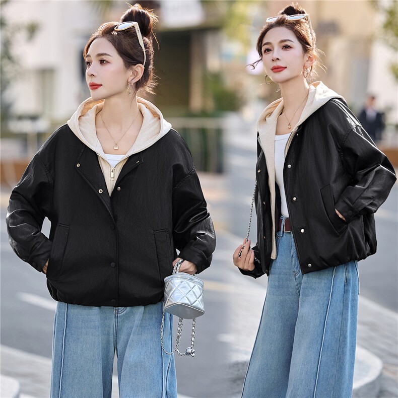 已出货春装新品美拉德连帽皮衣外套女今年流行显瘦百搭机车服潮,女装皮衣,吾爱衣