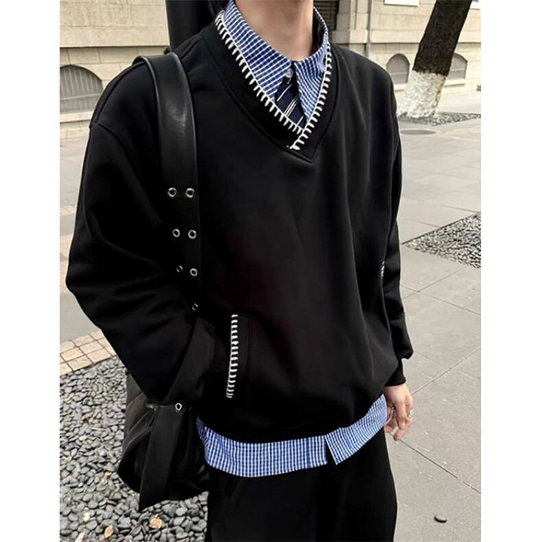 灰色基础款V领卫衣男女简约ins百搭休闲套头长袖体恤上衣WA41，男装T恤，星座1116A（原606A-3）