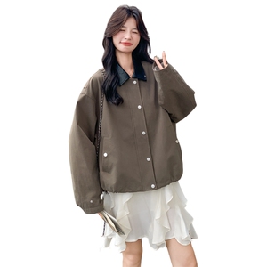 撞色PU皮翻领夹克短外套2025新款女秋季老钱风设计感韩版休闲上衣图片
