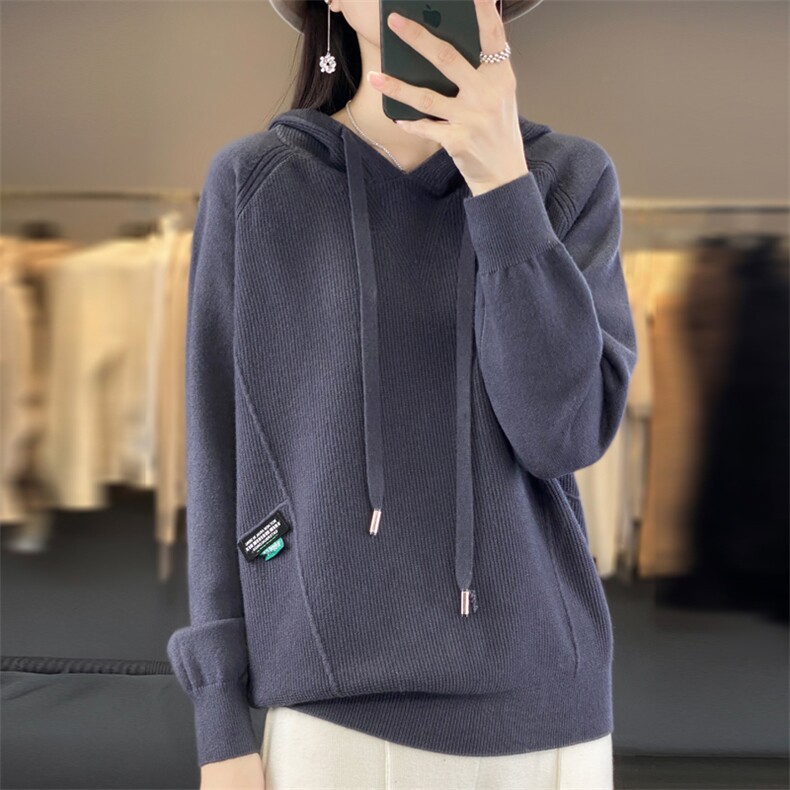 2024秋季新款连帽纯色抽绳长袖套头卫衣女针织帽衫针织衫图片