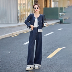 蕾丝拼接牛仔套装女2025春季新款穿搭时尚牛仔外套阔腿长裤两件套，女装套装/套裙，贵人树