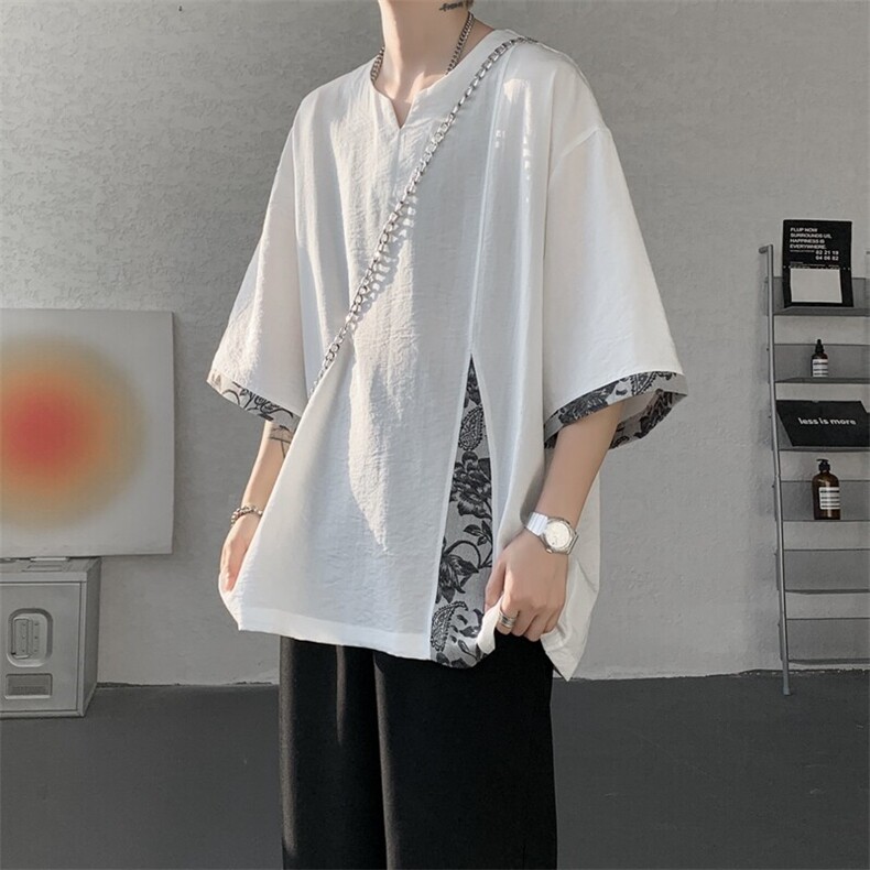 新中式短袖天丝亚麻T恤大码风民族风拼接棉麻半袖DX1223/P48，男装T恤，电商B238