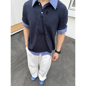 得物抖音高品质二开 夏季美式潮牌高街假两件格子衬衣翻领短袖T恤图片