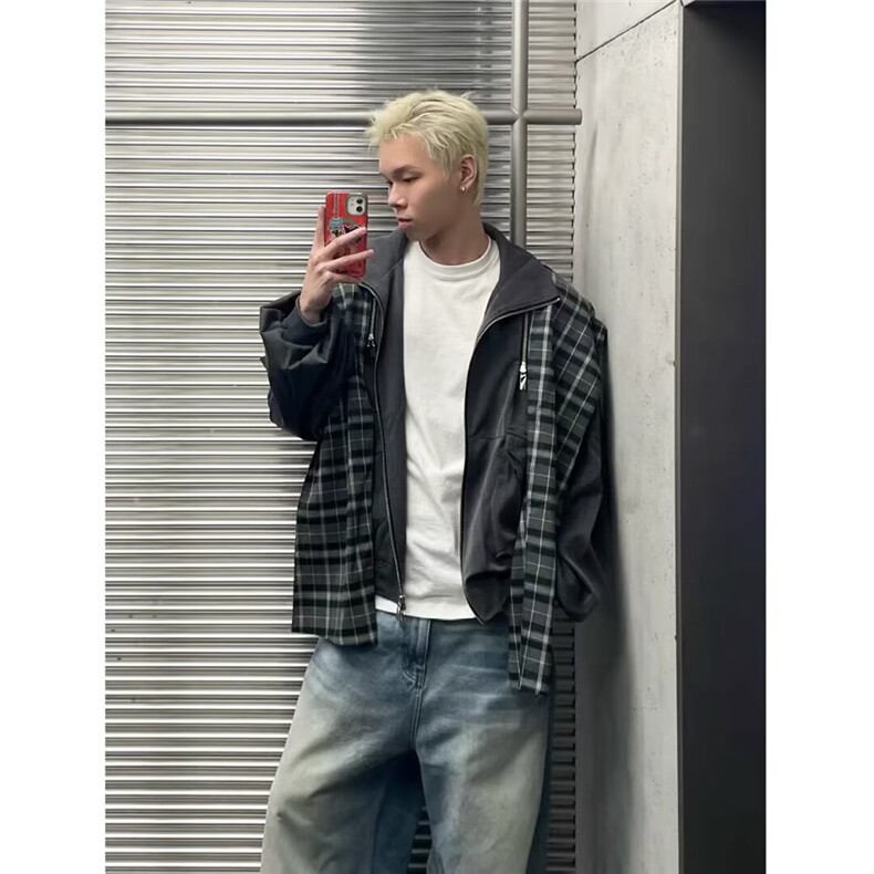 S550-P90假两件格子拼接夹克ins文艺潮流时尚流行日系百搭新款,男装T恤,电商B323A