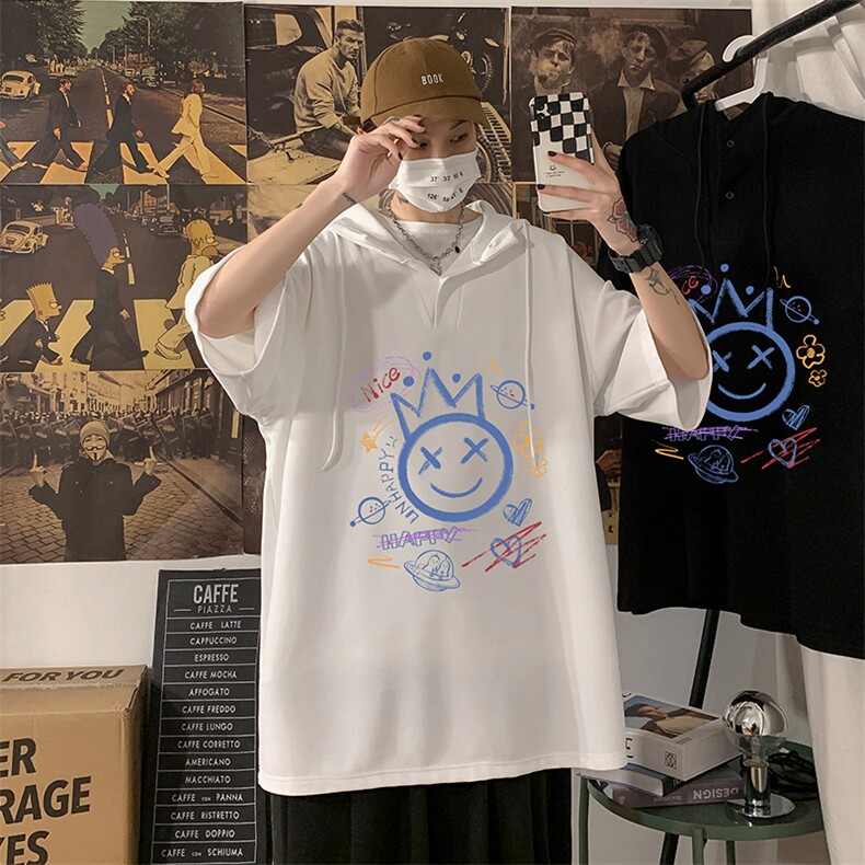 LD54180-P45连帽短袖t恤男大码胖子带帽五分袖中袖海报风,男装T恤,电商A040