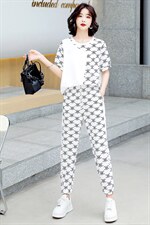 2022夏季新款简约时尚潮流气质减龄圆领印花休闲运动风两件套，女装套装/套裙，三木叶子