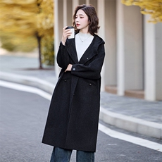 黑色高级感斗篷双面羊毛大衣女2024秋冬新款休闲宽松连帽毛呢外套，女装毛呢外套，丝露依尚（原SL）
