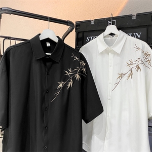 夏季潮流风新中式刺绣大码休闲男短袖衬衫 CS20 P35图片
