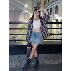 粉色格子衬衫外套女夏季薄款外搭开衫防晒衬衣披肩罩衫小个子上衣，女装衬衫，星座617A-2