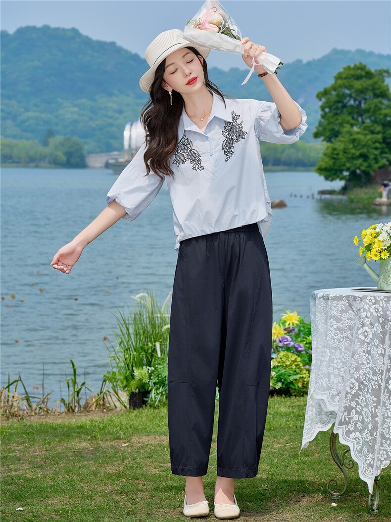 2026年夏季刺绣小衫两件套衬衫裤子套装女,女装套装/套裙,依路服饰