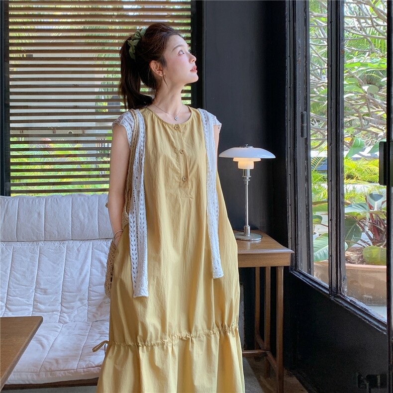 2025巨好看的黄色减龄连衣裙女夏季新款松弛感韩系抽绳无袖A字裙,女装连衣裙,2C166