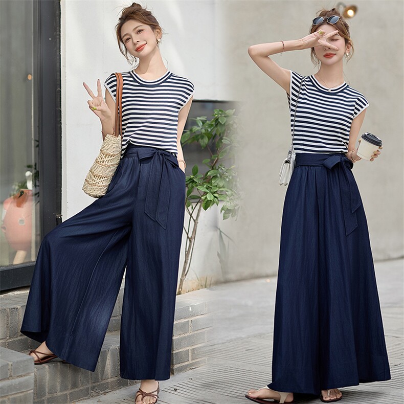 轻熟风气质背心套装女2025夏季新款洋气时尚条纹T恤阔腿裤两件套，女装套装/套裙，意芙