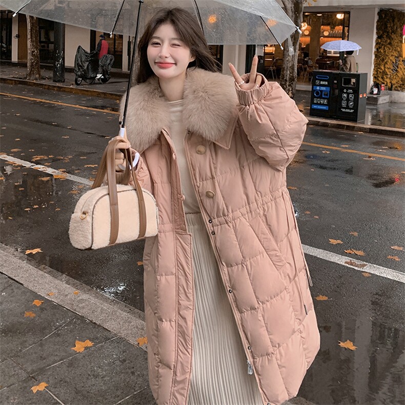 粉色大毛领羽绒服女中长款2025年冬季新款时尚加厚保暖收腰面包服,女装羽绒服,浙宝228