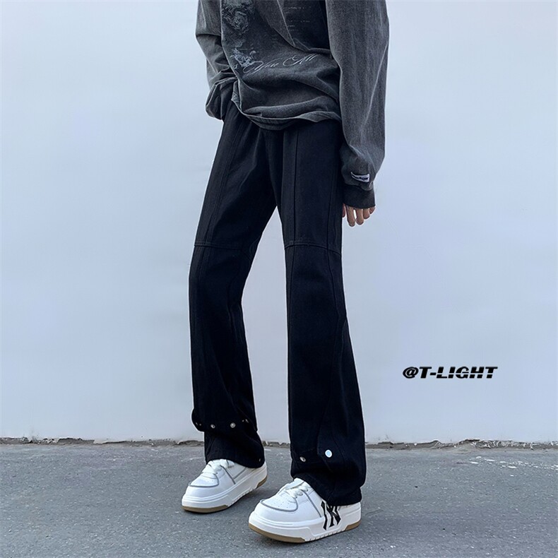 美式ins高街牛仔裤小众百搭微喇铆钉纽扣拼接牛仔裤K2301-P65控88图片