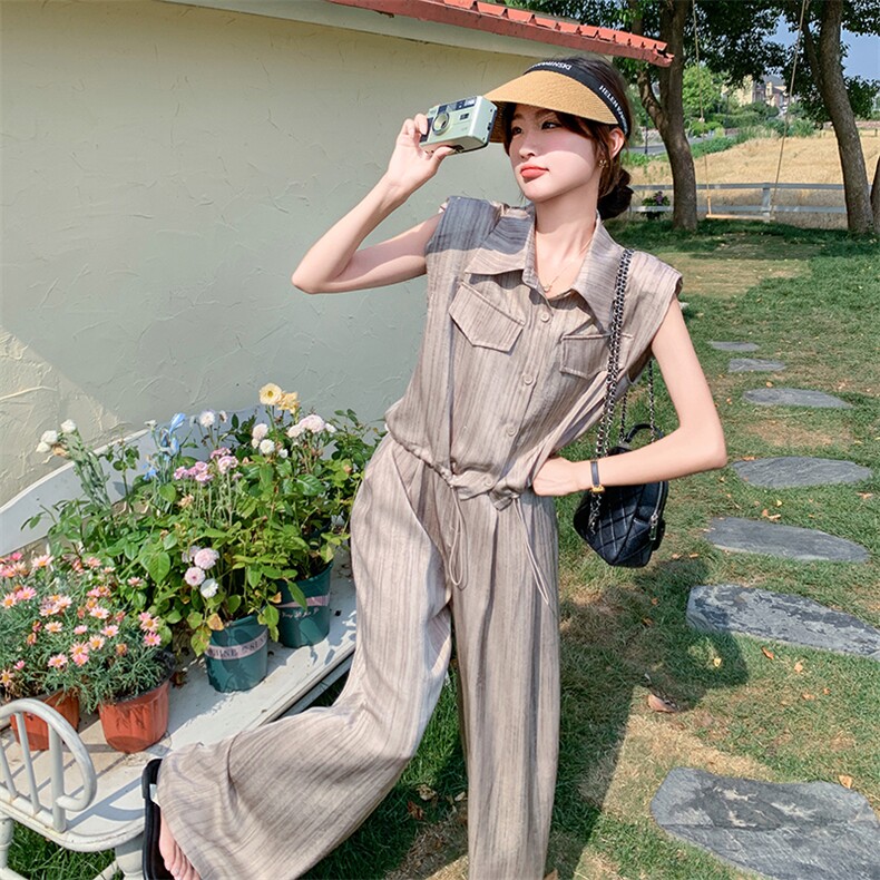 小众设计感纹理薄款衬衫套装女2025夏季新款休闲显瘦阔腿裤两件套,女装套装/套裙,2C095