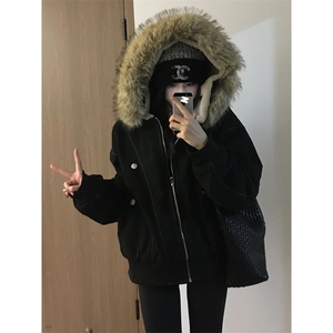现货重磅boxy短款棉衣座山雕大毛毛领男女棉服水洗工装厚外套图片