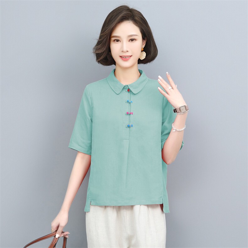 (新款)棉麻T恤小衫夏女2024中老年妈妈装复古亚麻休闲三年不下架,女装T恤,璐依舞