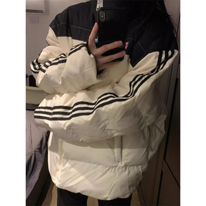 美式复古拼接条纹棉服棉衣女冬季外套小众街头学生加厚保暖面包服