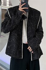 法式立领小香风珍珠设计感千鸟格宽松西服X13/P70降，男装西服，电商A243