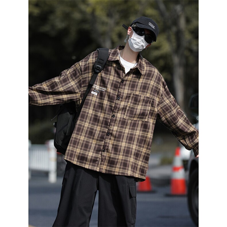 春装复古格子长袖衬衫男宽松休闲衬衣外套C505P45,男装衬衫,电商C323