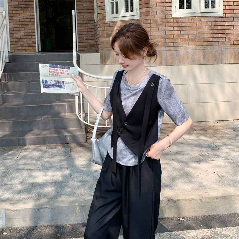 时尚设计感假两件上衣阔腿裤套装女夏2025新款洋气减龄显瘦两件套,女装套装/套裙,2C177