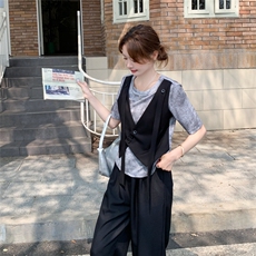 时尚设计感假两件上衣阔腿裤套装女夏2025新款洋气减龄显瘦两件套，女装套装/套裙，2C177