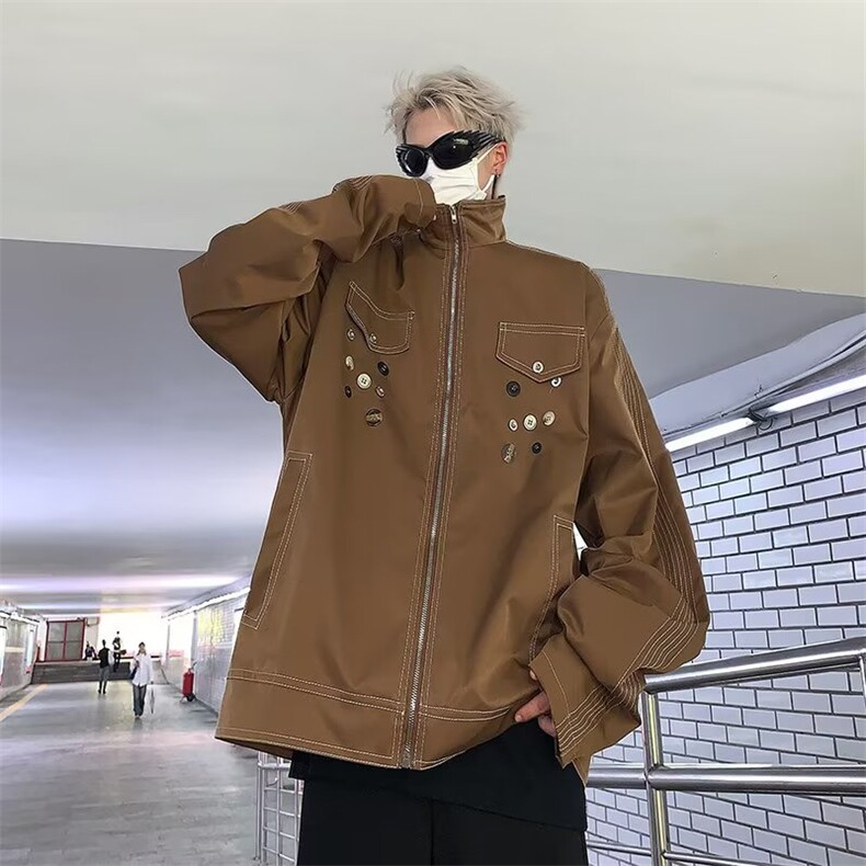 美式设计感垫肩外套男宽松休闲春秋季复古高级翻领夹克HY658P60,男装夹克,星座1116-2
