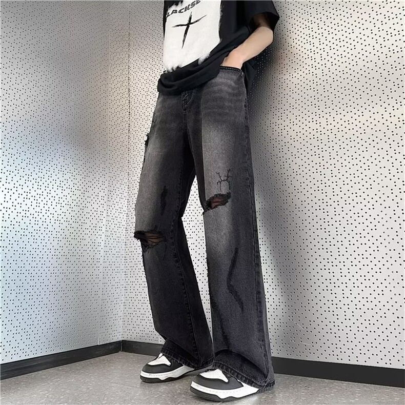 美式复古高街破洞水洗黑色牛仔裤男女潮高腰宽松直筒裤TG14-P50,男装牛仔裤,星座1109-3