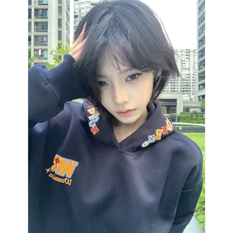 网图趣味刺绣字母宽松连帽卫衣帽衫外套A025-RW11101-P55加绒65,女装短外套,电商A025