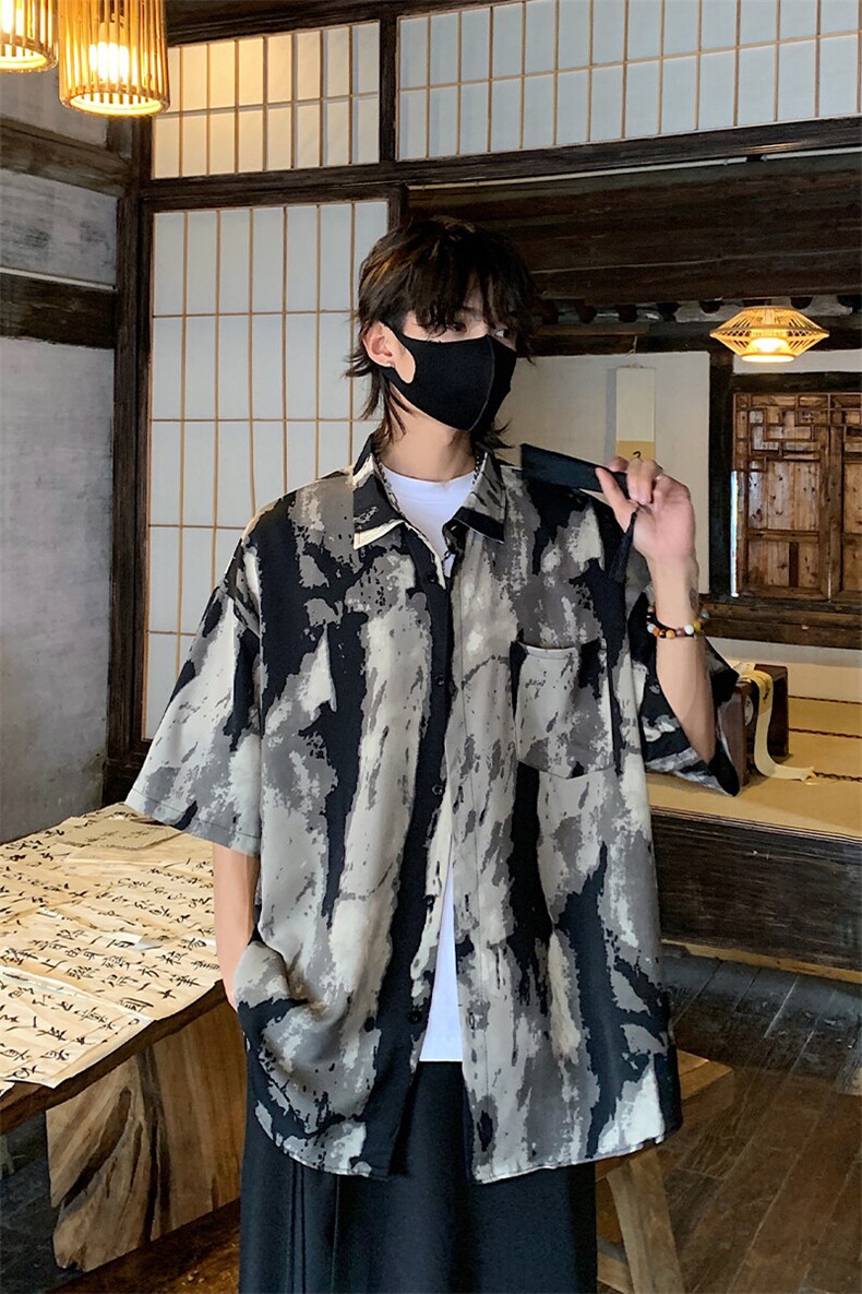 特批P25无差价25夏季风水墨画垂感冰丝休闲潮流短袖衬衫男CD894,男装衬衫,电商A001