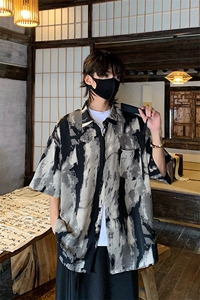 特批P25无差价25夏季风水墨画垂感冰丝休闲潮流短袖衬衫男CD894图片