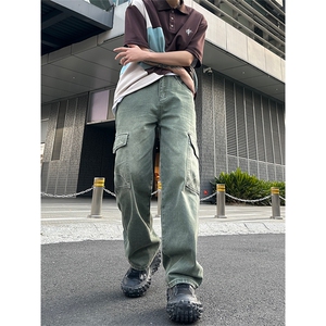 美式高街vibe风直筒长裤欧美痞帅男hiphop复古水洗拼接工装牛仔裤图片