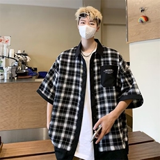 标准气质青春流行五分袖新款时尚潮衬衫格子百搭原宿男潮流夏季，男装T恤，星座1210-1