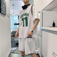 夏季潮牌ins假两件短袖T恤休闲运动套装篮球帅气短裤球衣TZ311-36，男装休闲套装，星座1008-1