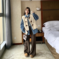 加棉蓝色衬衫棉服叠穿羊羔毛马甲套装女2025冬季新款学院风两件套，女装套装/套裙，2C293