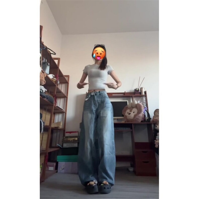 1506-1/K1071/P46复古弯刀裤子新款拼接磨白宽松阔腿牛仔裤男女,男装牛仔裤,星座1506-1