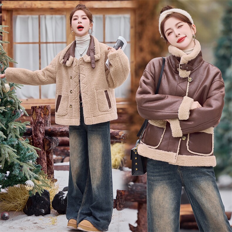 2024年冬季单排多扣直筒型插肩袖口袋长袖加绒正反两穿Pu拼接外套，女装羊羔毛/颗粒绒，微微衣阁