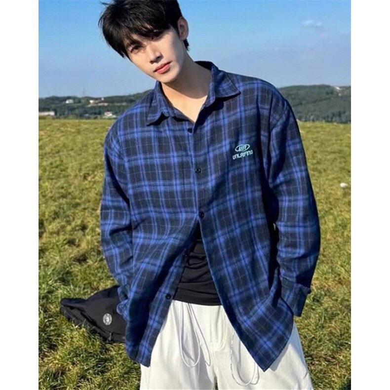 蓝色格子长袖衬衫男女款2025春秋冬季格纹衬衣外套CS380,男装衬衫,星座1116A（原606A-3）