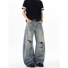 美式高街破洞设计感水洗牛仔裤男女宽松阔腿直筒长裤N01166-P55，男装牛仔裤，星座308B-2