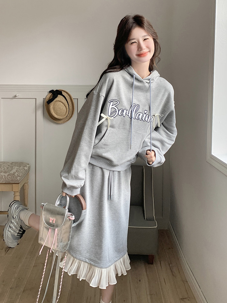 灰色连帽卫衣套装女春2025新款学院风减龄木耳边拼接半身裙两件套,女装套装/套裙,天使之佳话