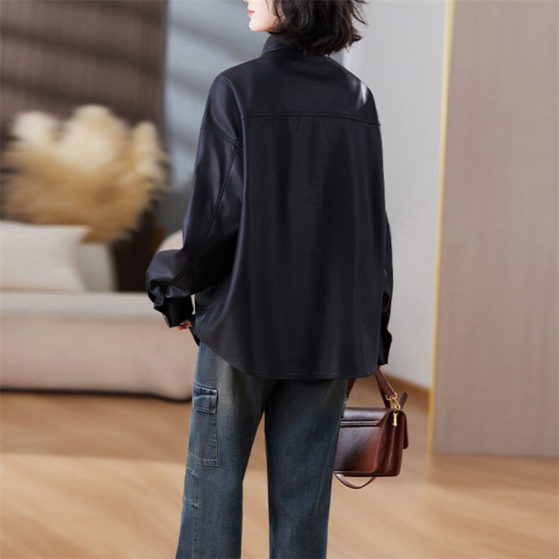 徐璐明星同款春秋装机车PU皮衣外套中长款女酷帅气皮衬衫衣服黑色，女装皮衣，美拉德工厂直营店